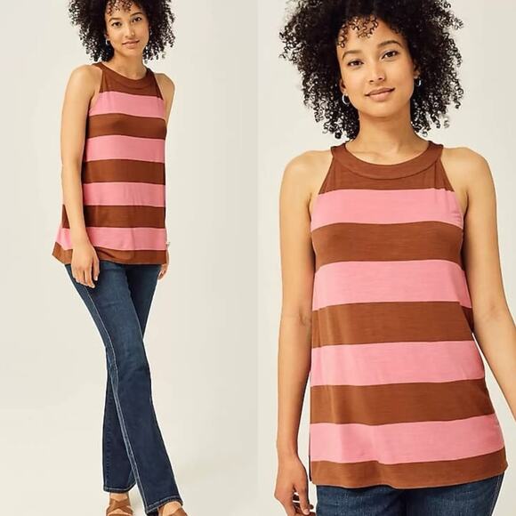 J. Jill Striped A-Line Halter Tank Top Size 2X Pink and Brown - Picture 1 of 6